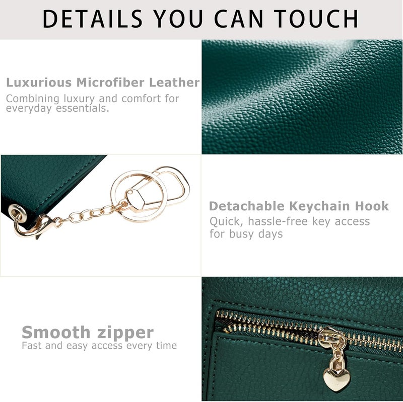 Sunpour Women Small Wallet RFID Blocking Slim Wallet with Coin Pocket Tri-Fold Credit Card Holder with ID Window and Keychain (Dark Green) - Image 5